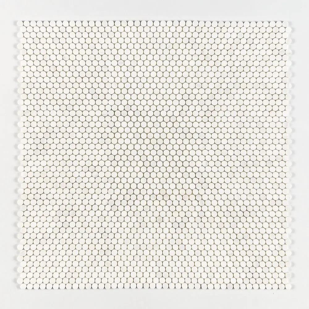 Snow White, Bianco Dolomiti Honed Penny Round Marble Mosaics 11 1/4x11 3/4 closeup 1