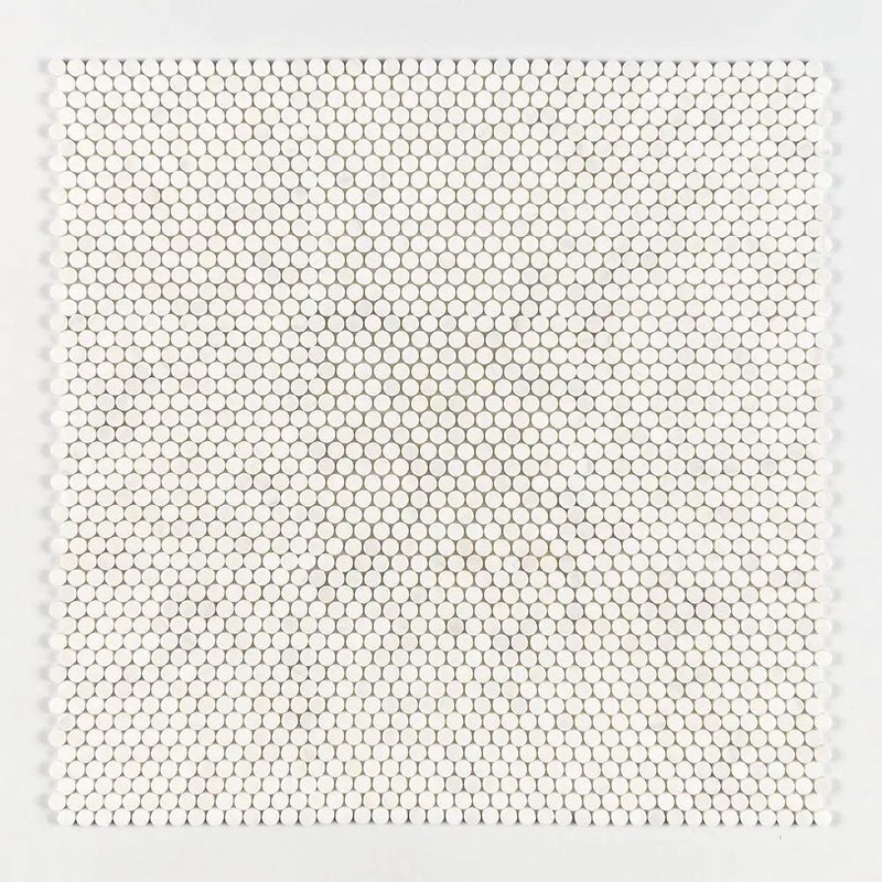 Snow White, Bianco Dolomiti Honed Penny Round Marble Mosaics 11 1/4x11 3/4 closeup 1