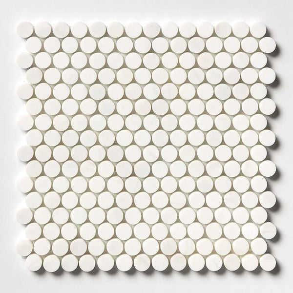 Snow White, Bianco Dolomiti Honed Penny Round Marble Mosaics 11 1/4x11 3/4
