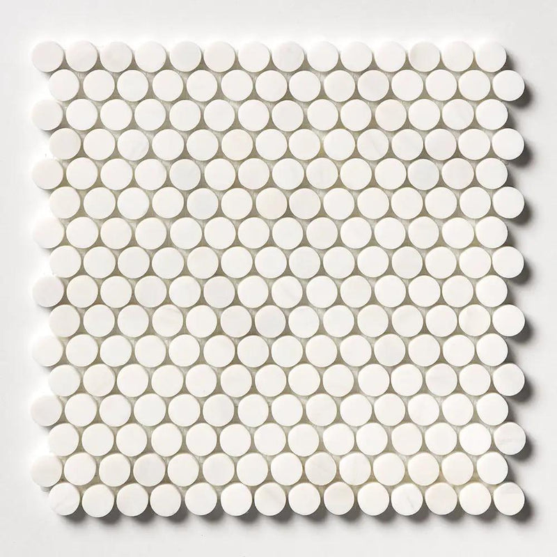 Snow White, Bianco Dolomiti Honed Penny Round Marble Mosaics 11 1/4x11 3/4