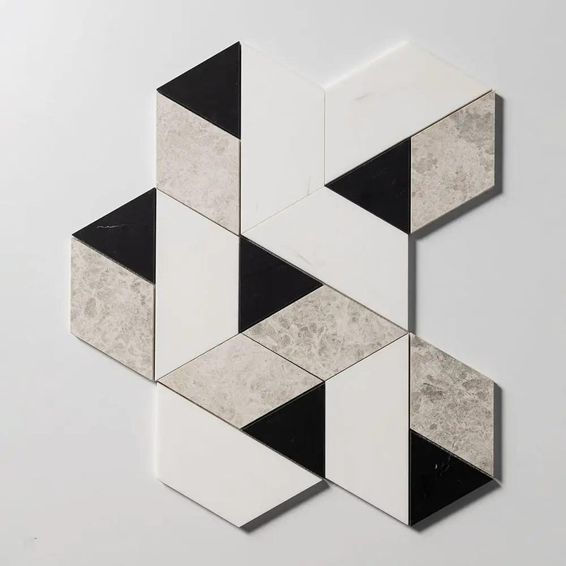 Snow White, Black, Silver Shadow Honed Prismatic Blend Marble Mosaics 8x9 1/16 by Stonetiledepot