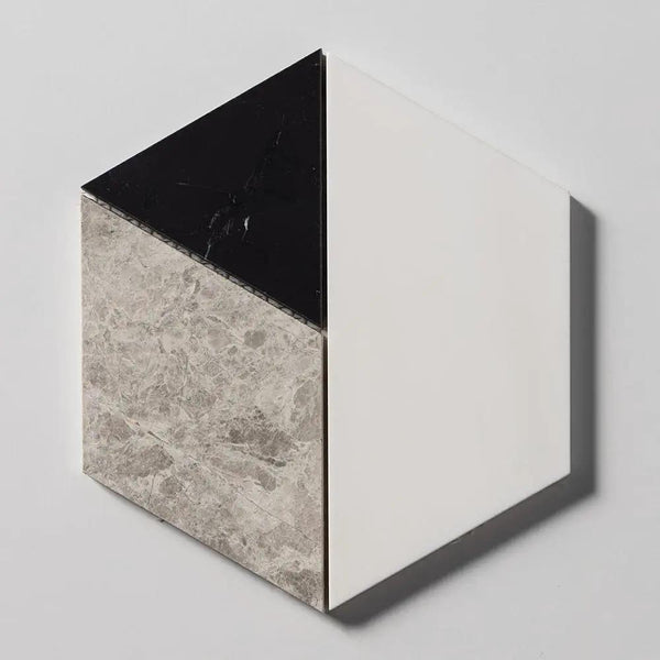 Snow White, Black, Silver Shadow Honed Prismatic Blend Marble Mosaics 8x9 1/16