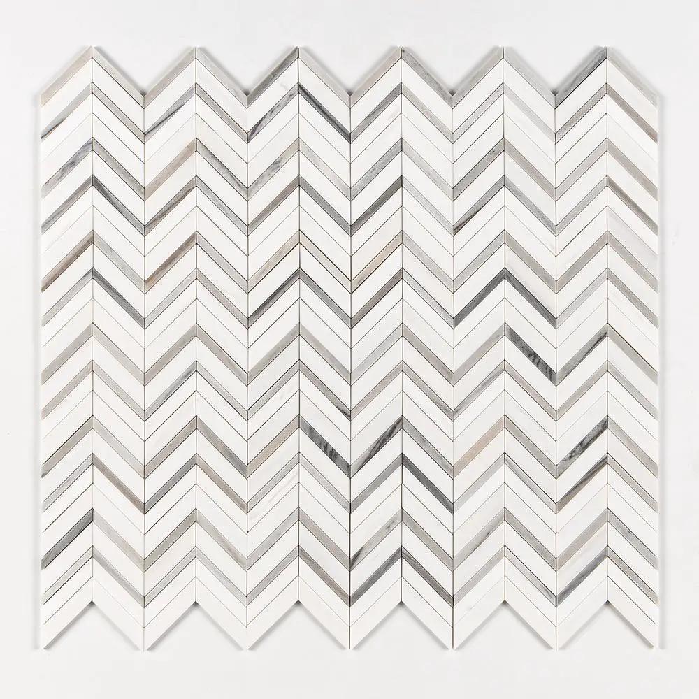 Snow White, Skyline Honed Chevron Fusion Waterjet Marble Mosaics 16x11 7/8 by Stonetiledepot