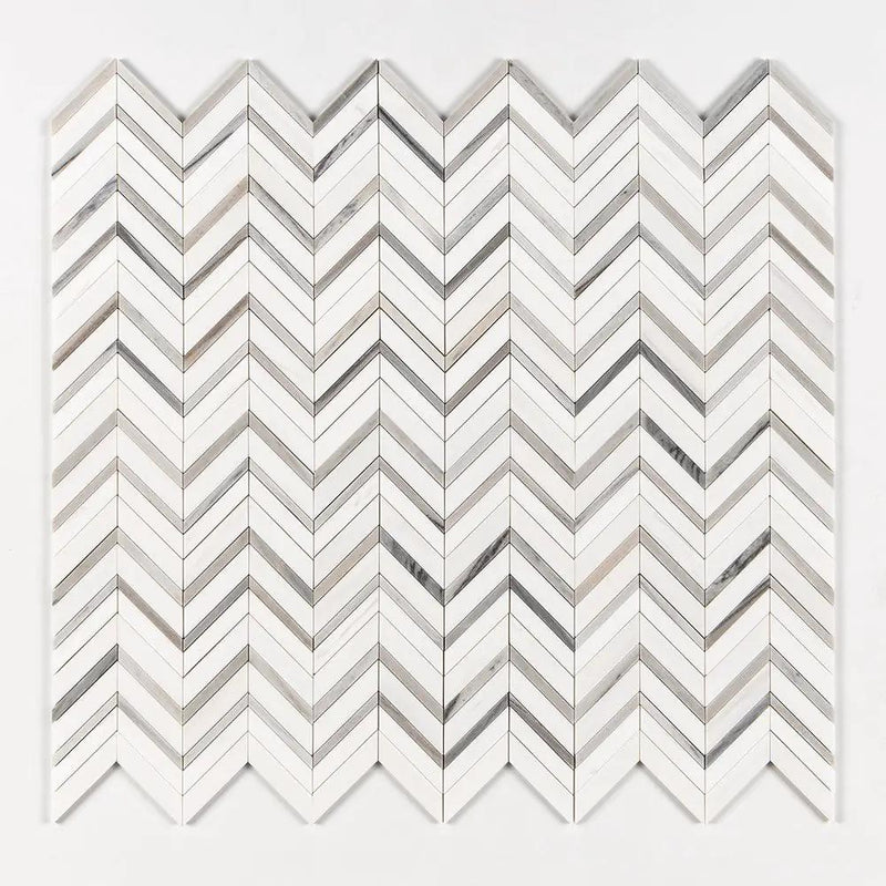 Snow White, Skyline Polished Chevron Fusion Waterjet Marble Mosaics 16x11 7/8 by Stonetiledepot