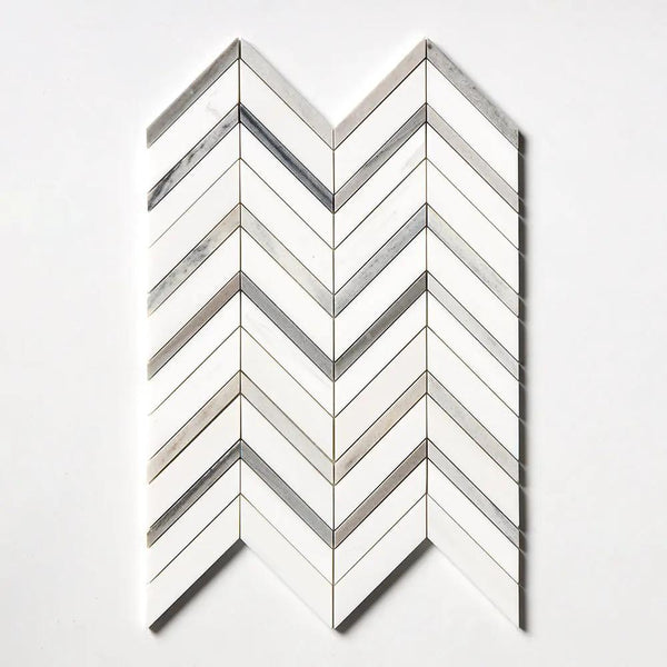 Snow White, Skyline Polished Chevron Fusion Waterjet Marble Mosaics 16x11 7/8