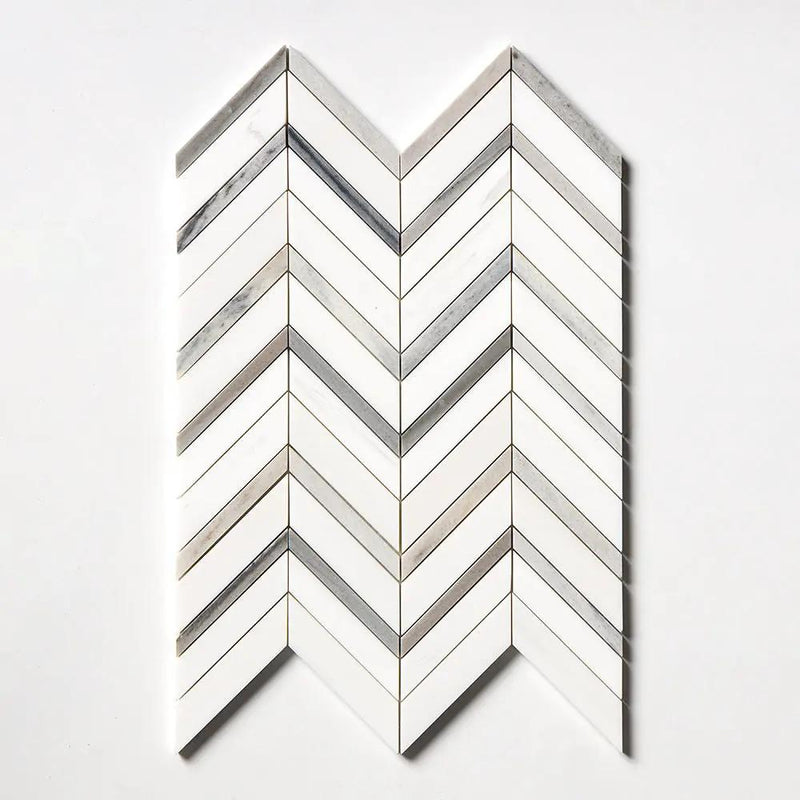 Snow White, Skyline Polished Chevron Fusion Waterjet Marble Mosaics 16x11 7/8 by Stonetiledepot