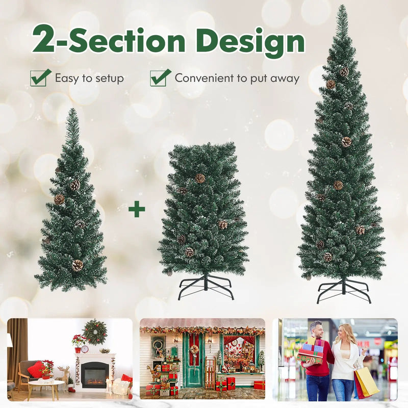 Snowy Artificial Pencil Christmas Tree with Pine Cones by DirectDeals