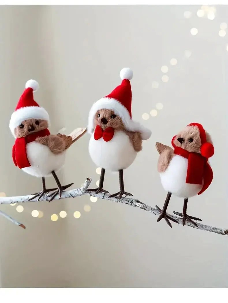 Soft Fabric Plush Bird Ornaments with Santa Hats - 3 Piece Set by House Of Avana