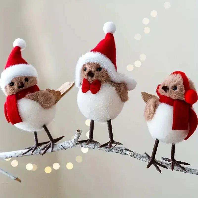 Soft Fabric Plush Bird Ornaments with Santa Hats - 3 Piece Set by House Of Avana