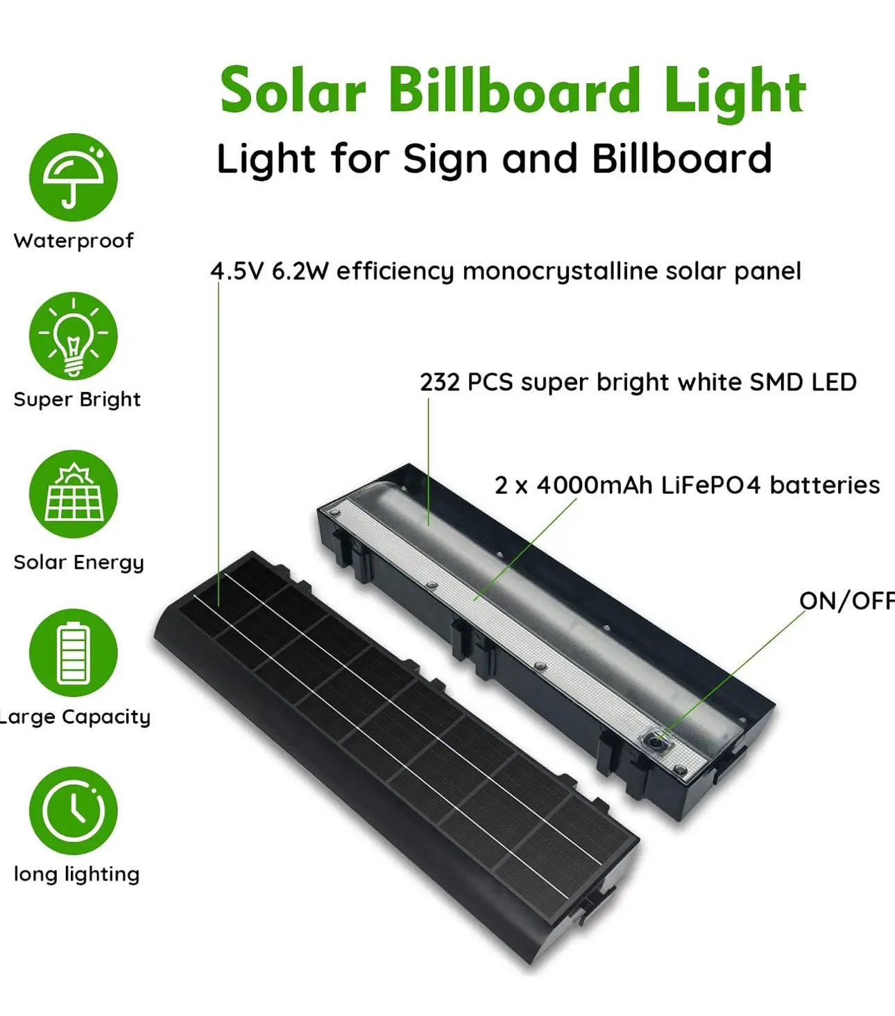 Solar Billboard Sign Lights Outdoor, 232 led Super Bright Sign light, Adjustable Bracket & Wall Mount 2-in-1 Commercial Billboart Lighting for Bussiness, Real Estate, Shop, Bus Stop, HOA, Highway Signs by Outdoor Solar Outlet