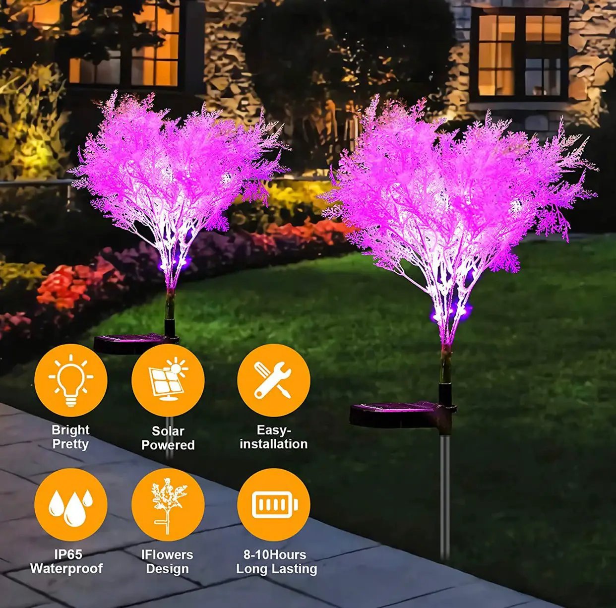 Solar Flowers Pink Rime Flower Design, Solar Powered Flowers Light Dusk to Dawn 2-Pack by Outdoor Solar Outlet