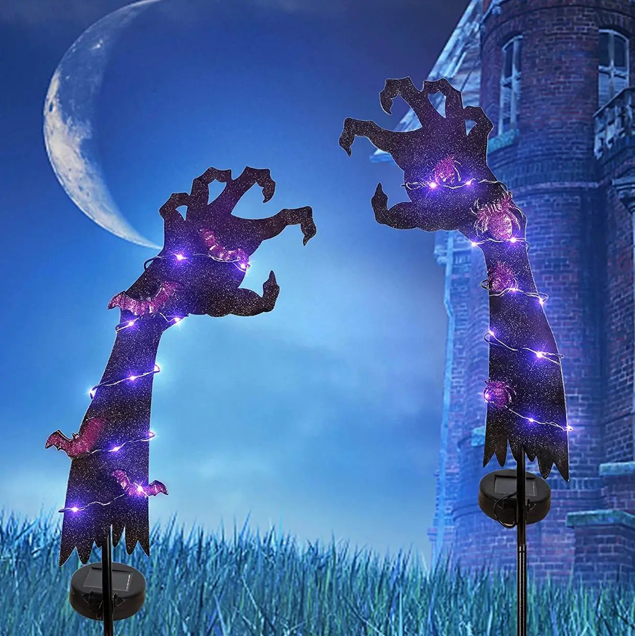 Solar Halloween Yard Decorations, Outdoor LED Solar Powered Ghost Hand Halloween Pathway Lights, Metal Garden Stakes Lawn Yard Ornament, Set of 2 by Outdoor Solar Outlet