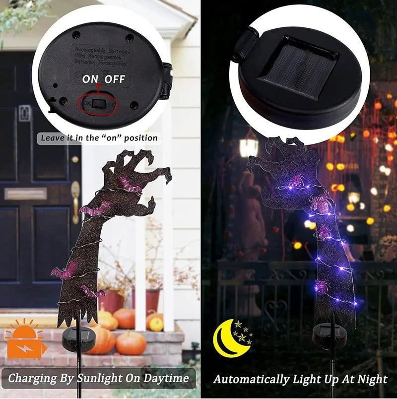 Solar Halloween Yard Decorations, Outdoor LED Solar Powered Ghost Hand Halloween Pathway Lights, Metal Garden Stakes Lawn Yard Ornament, Set of 2 by Outdoor Solar Outlet