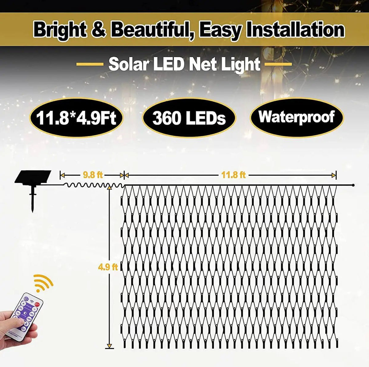 Solar Net Mesh Lights 360 LED with Remote, 11.8Ft x 4.9Ft Fence String Light by Outdoor Solar Outlet
