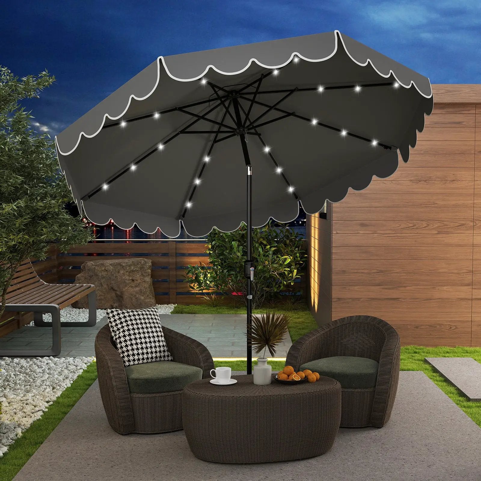 9.3 Feet Solar Patio Umbrella with 24 LED Lights Vented Top and Ruffles-Beige by DirectDeals