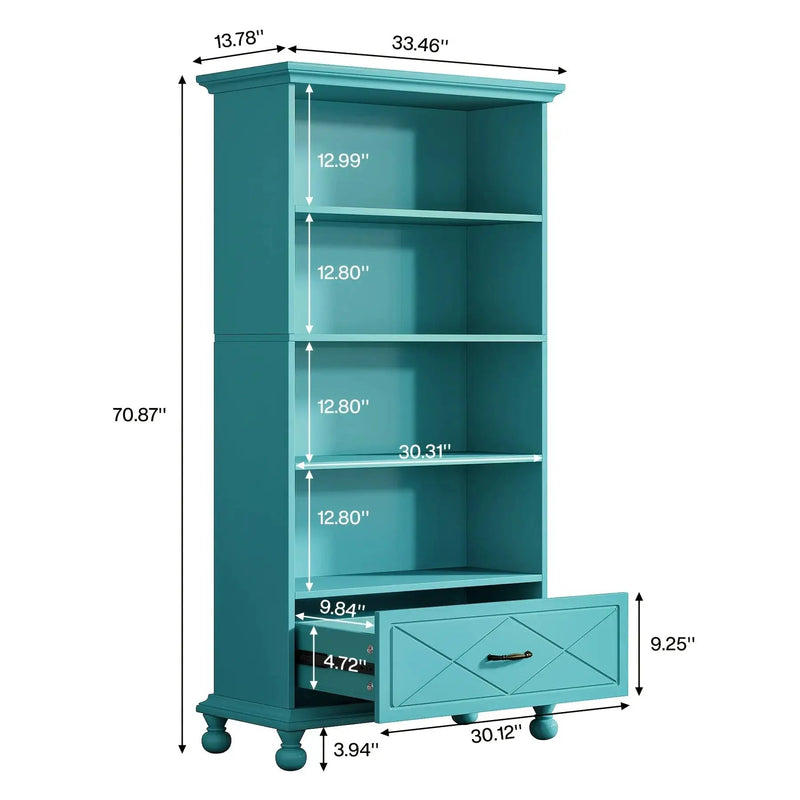 Solid Wood 6-Shelf Bookcase with Drawer, 71 Inch Ocean Blue by House Of Avana