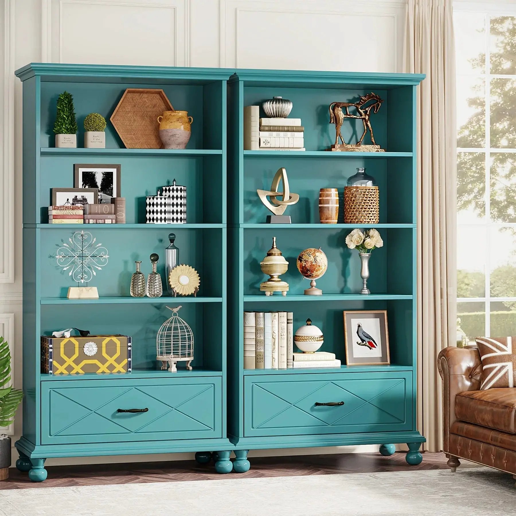 Solid Wood 6-Shelf Bookcase with Drawer, 71 Inch Ocean Blue by House Of Avana