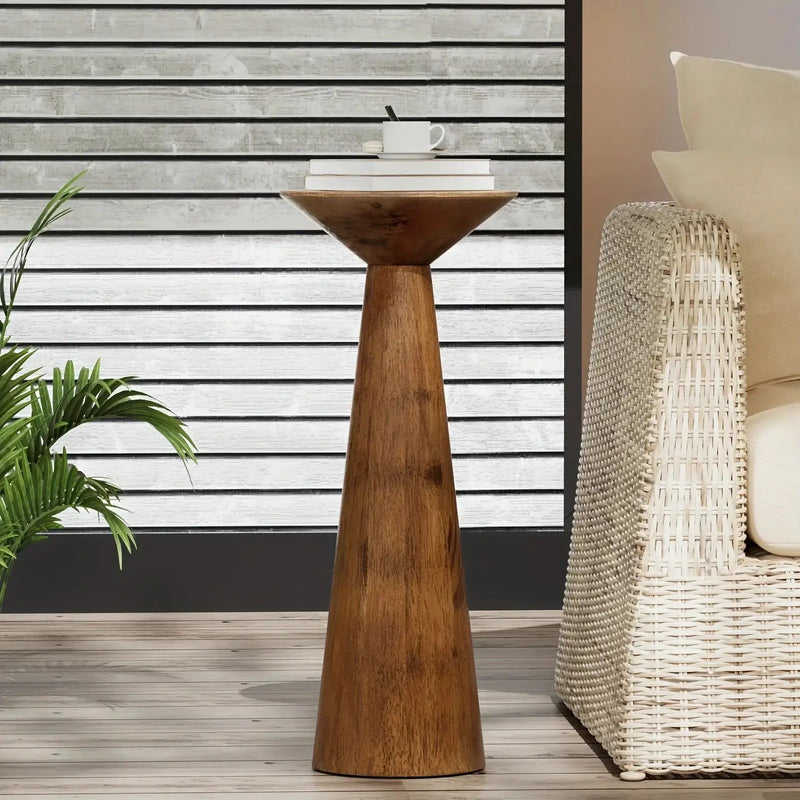 Solid Wood Modern Farmhouse Tall Pedestal End Table with Round Top - Lightweight Sturdy Indoor/Outdoor Accent Table, Walnut Finish, Compact Round Drink Table for Patio, Living Room, Bedroom, Small Space - Durable Wood Constru by House Of Avana