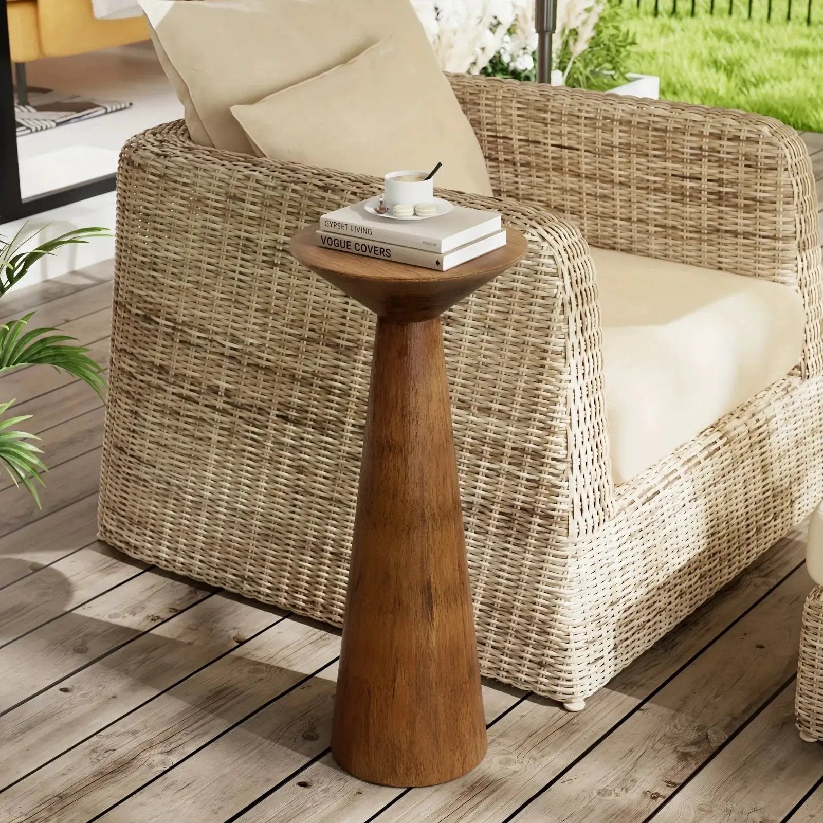 Solid Wood Modern Farmhouse Tall Pedestal End Table with Round Top - Lightweight Sturdy Indoor/Outdoor Accent Table, Walnut Finish, Compact Round Drink Table for Patio, Living Room, Bedroom, Small Space - Durable Wood Constru by House Of Avana