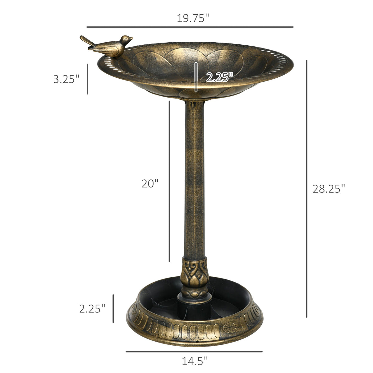 Resin Bird Bath Antique Bronze with Planter 28 Inch, dimensions drawing