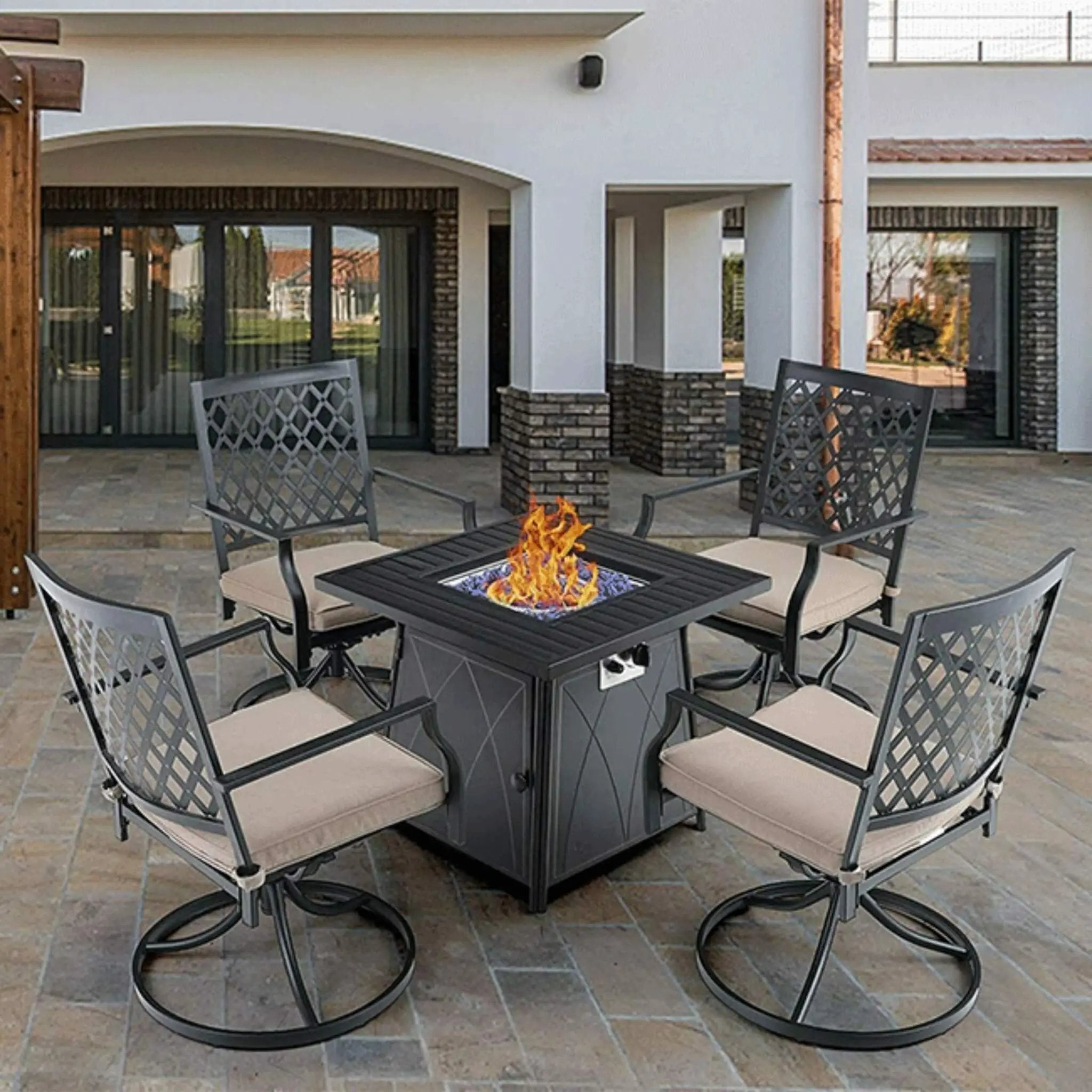 Sophia & William Outdoor Gas Fire Pit Table Set W/ Cushioned Swivel Dining Chairs, 5PCS (SAK63872) by SAKSBY WHOLESALE