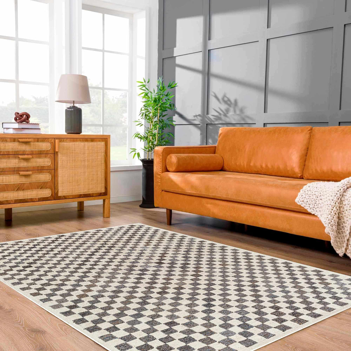 Halen Taupe Checkered Area Rug, installed in a room