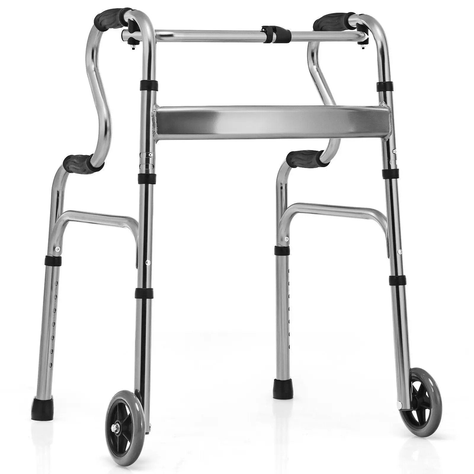 Adjustable Heavy-Duty Folding Walker with Unidirectional Wheels and Bi-Level Armrests-Black by DirectDeals
