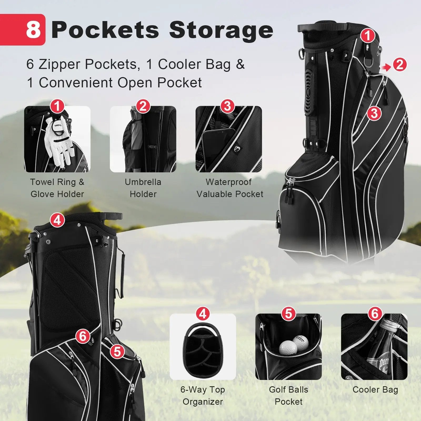 Golf Stand Cart Bag with 6-Way Divider Carry Pockets by DirectDeals