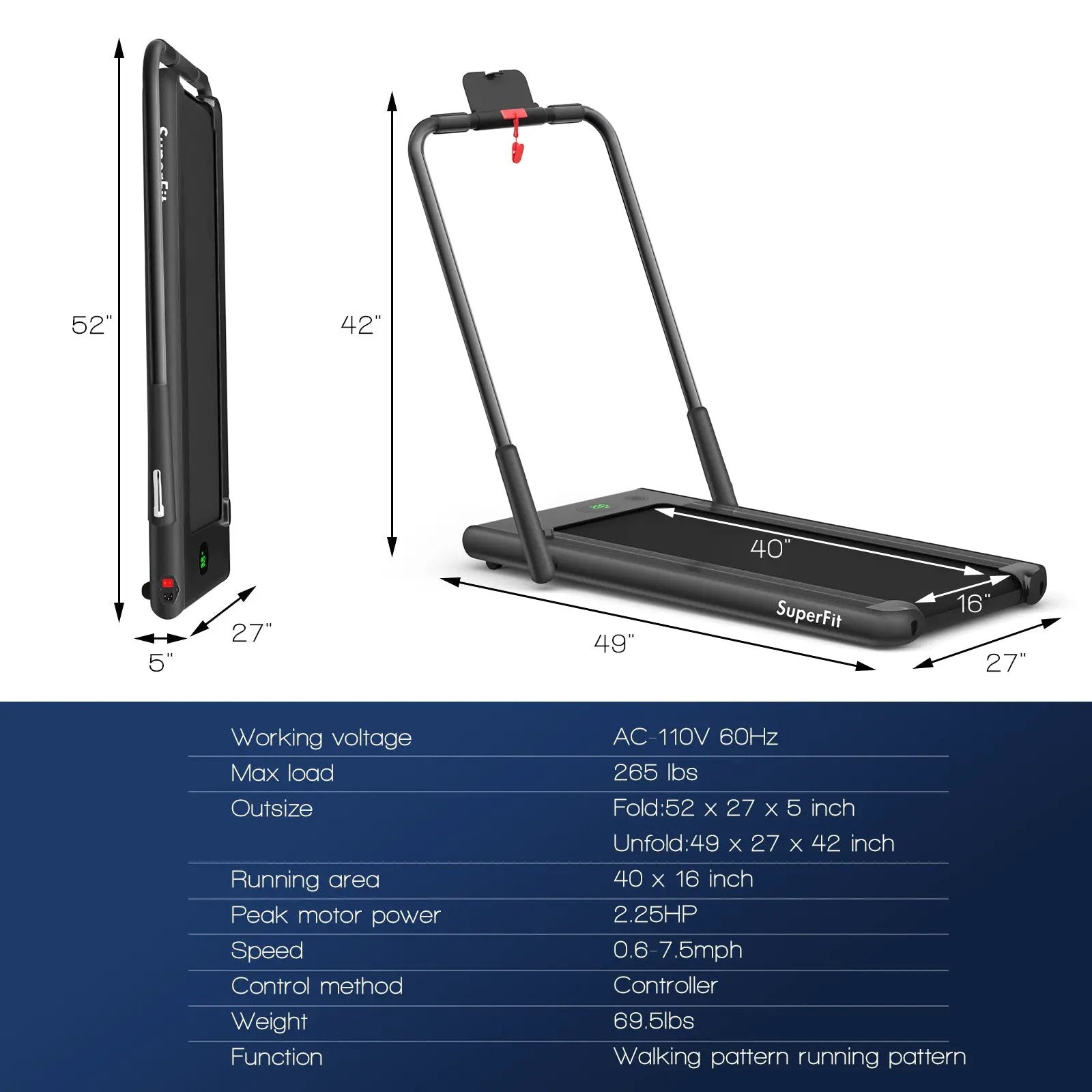 2-in-1 Folding Treadmill with Remote Control and LED Display-Black by DirectDeals