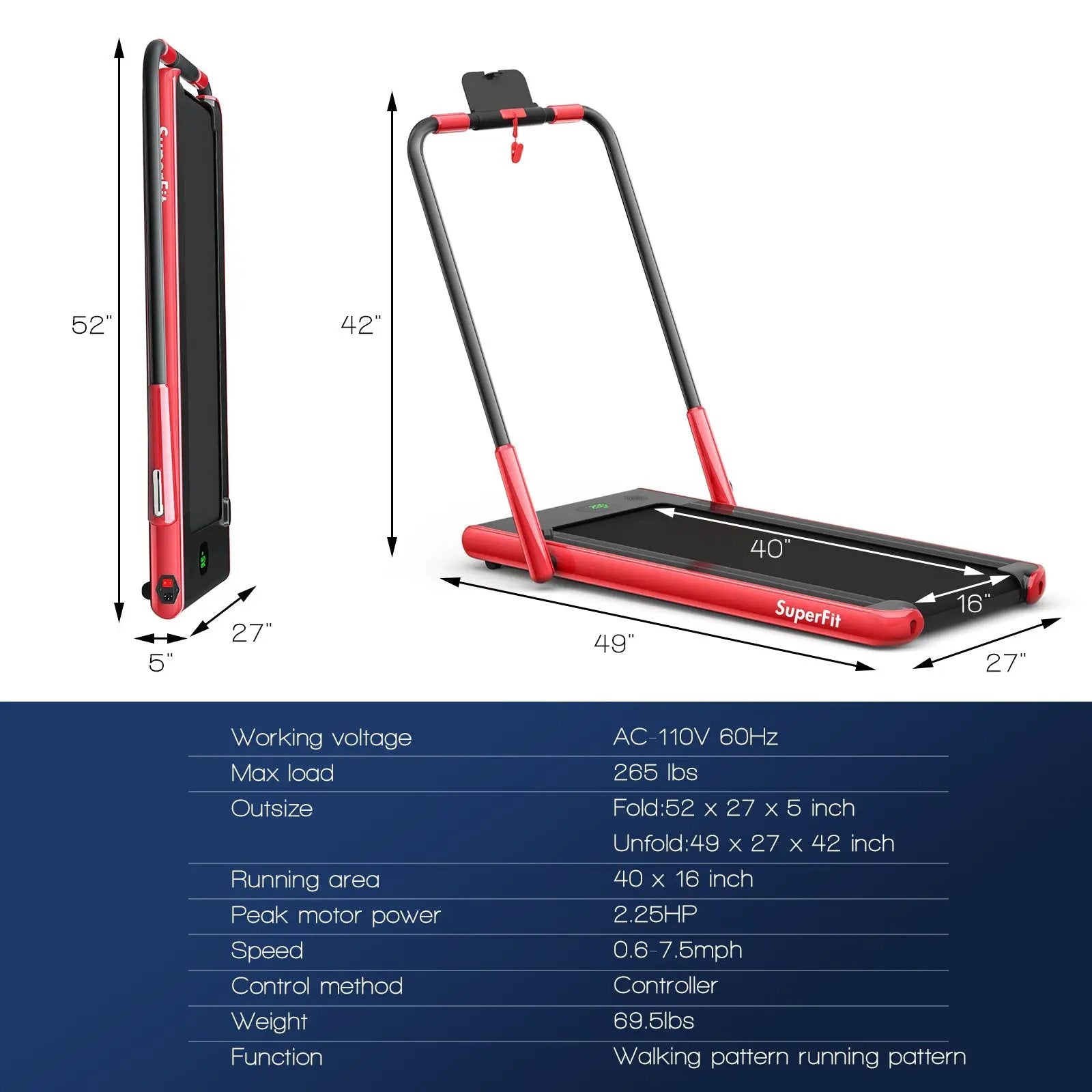 2-in-1 Folding Treadmill with Remote Control and LED Display-Red by DirectDeals