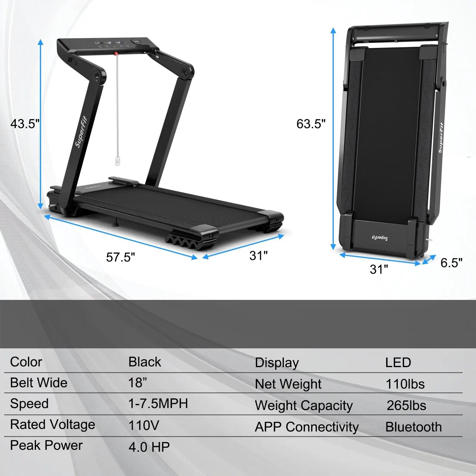 4.0HP Foldable Electric Treadmill Jogging Machine with Speaker LED-Black by DirectDeals
