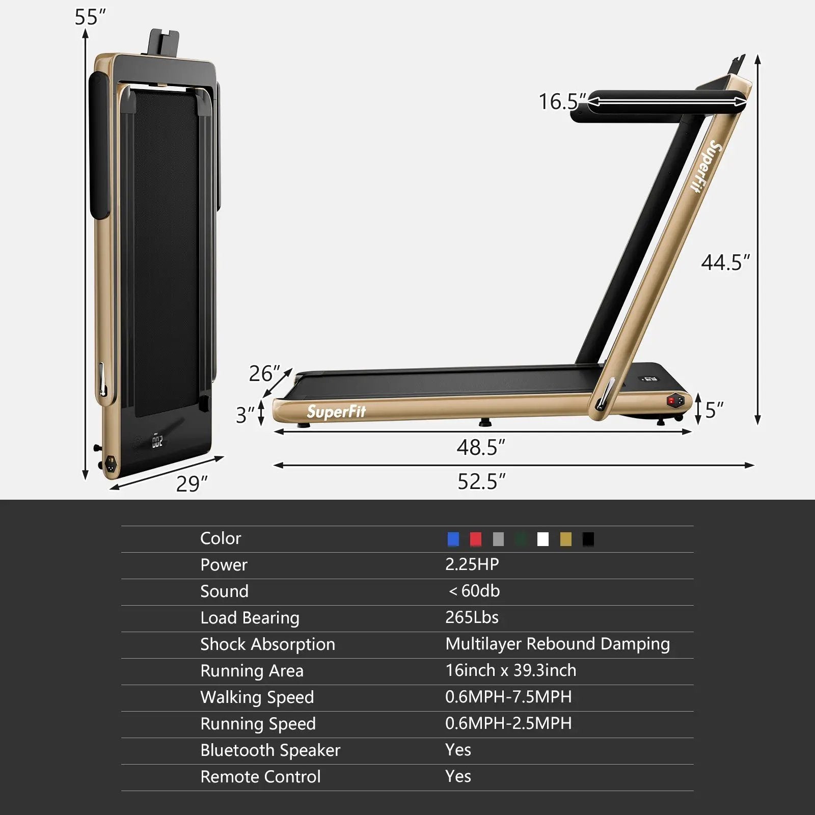 2.25HP 2 in 1 Folding Treadmill with APP Speaker Remote Control by DirectDeals