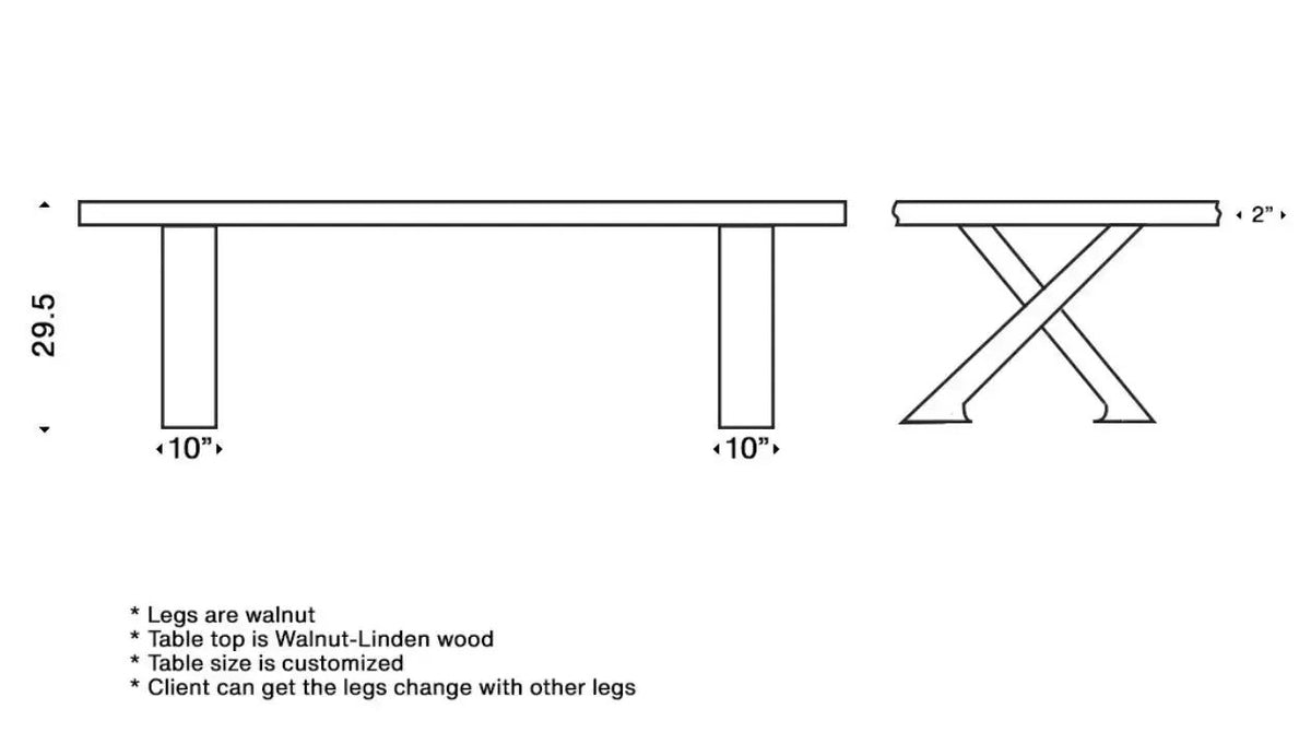 Solid Linden Wood Natural Look Epoxy Resin Side Dining Table, dimensions drawing
