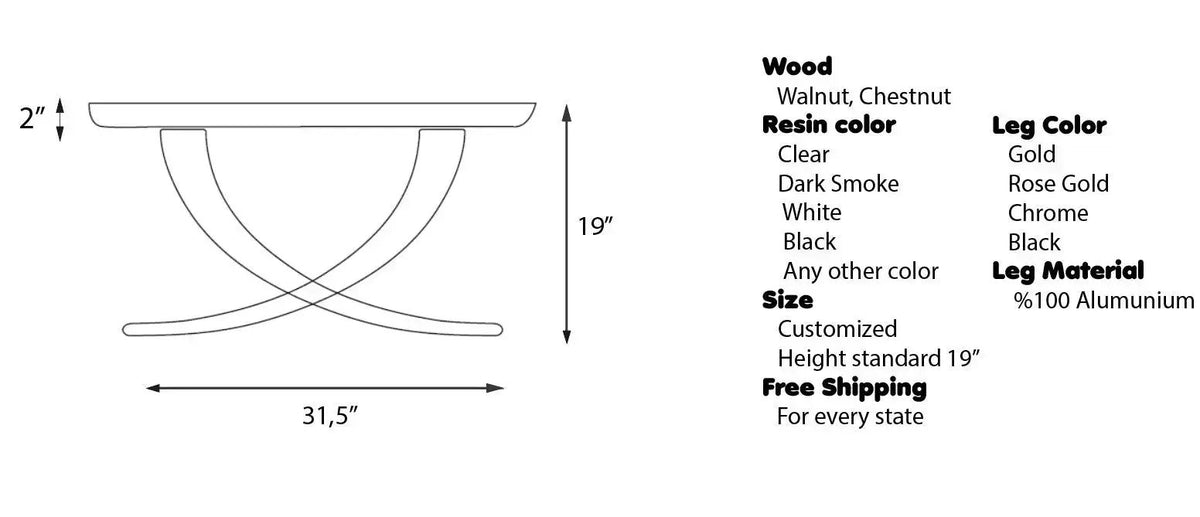 Luxurious Ivory Shaped Epoxy Resin Dining Room Coffee Table, dimensions drawing
