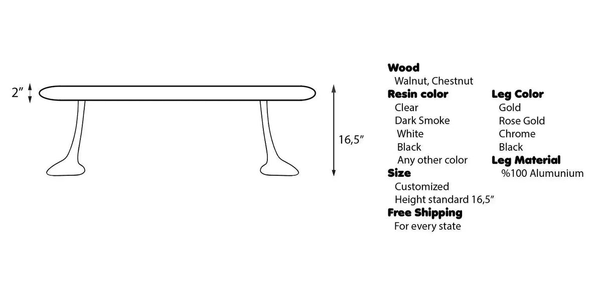 Luxury Epoxy Resin River Walnut Coffee Table | Osso Collection, dimensions drawing