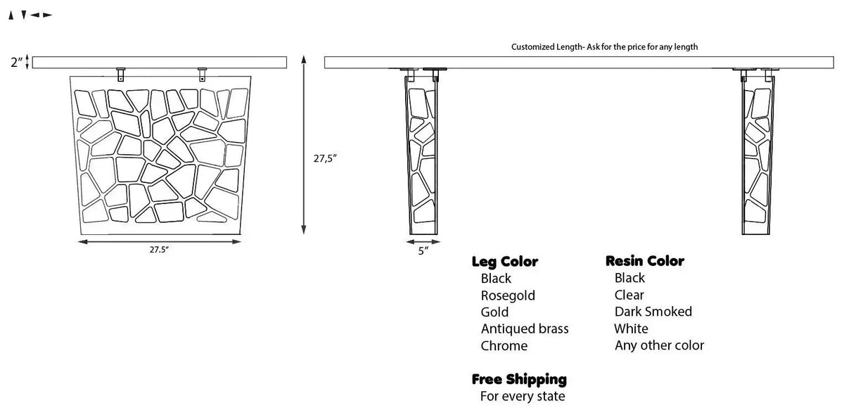 Resin Walnut River Dining Room Table | Voronoi Table, dimensions drawing
