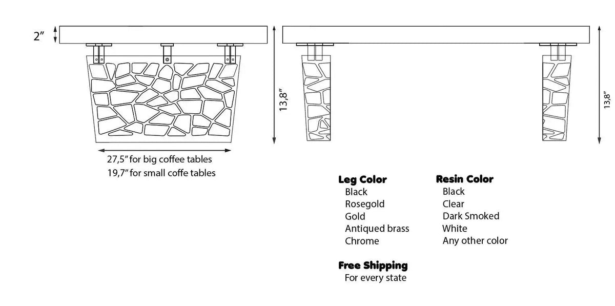 Custom Resin River Walnut Coffee Table | Voronoi Collection, dimensions drawing