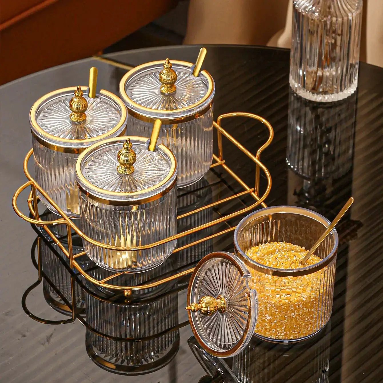 Spice Jars - Glass Golden Lid Set by House Of Avana