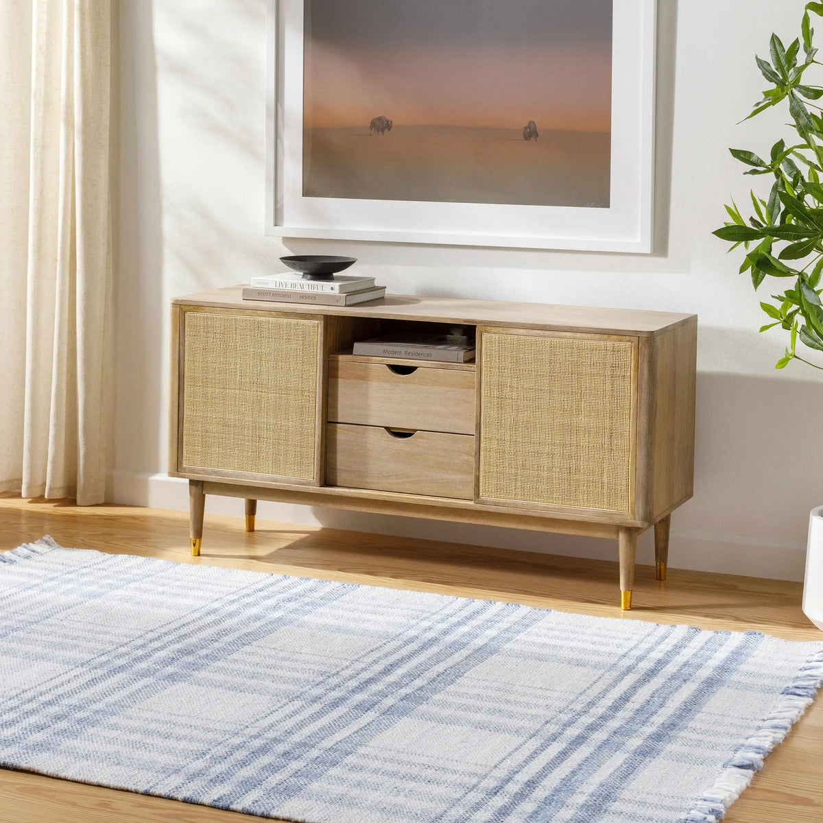 Inara Blue Plaid Area Rug, installed in a room