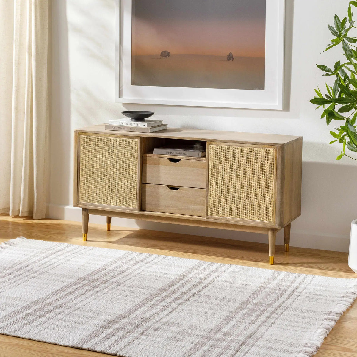 Inara Light Brown Plaid Hand Woven Area Rug, installed in a room