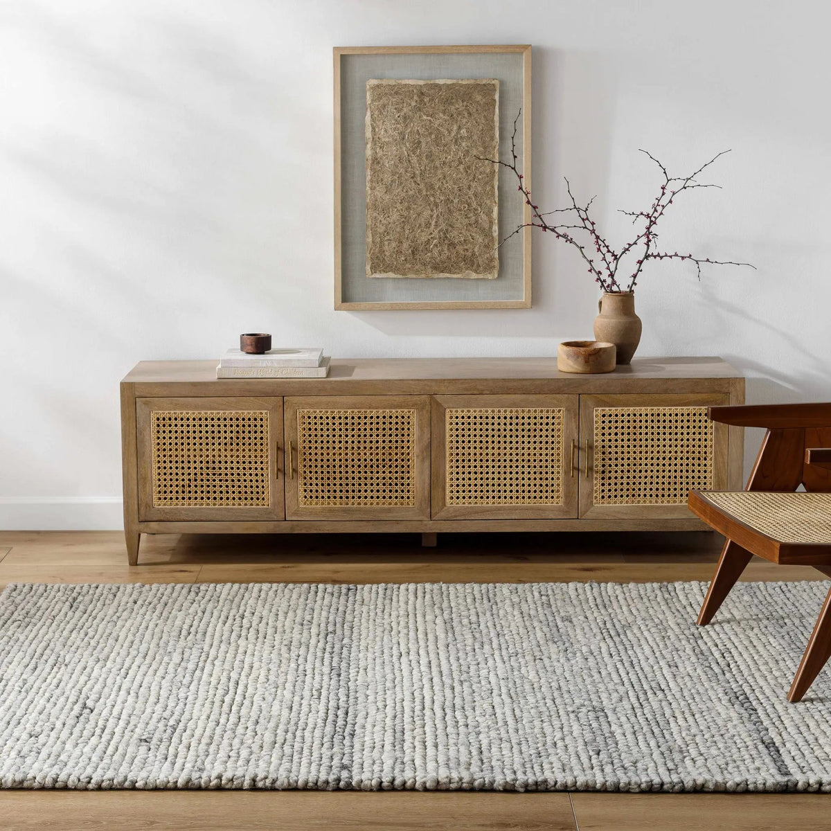 Olisa Cream & Gray Wool Area Rug, installed in a room