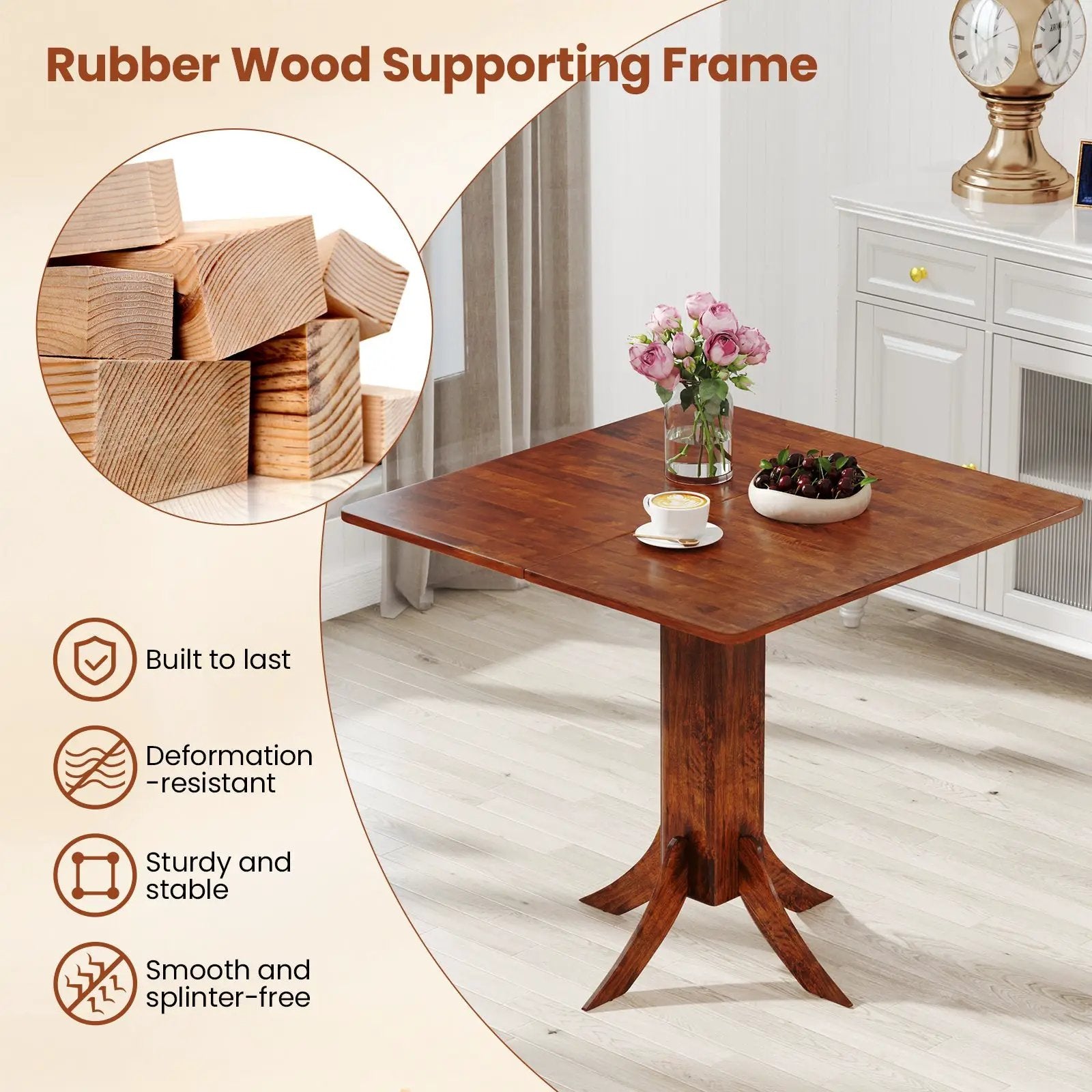 Square Dining Table with Pedestal Base and Rubber Wood Frame-Walnut by DirectDeals