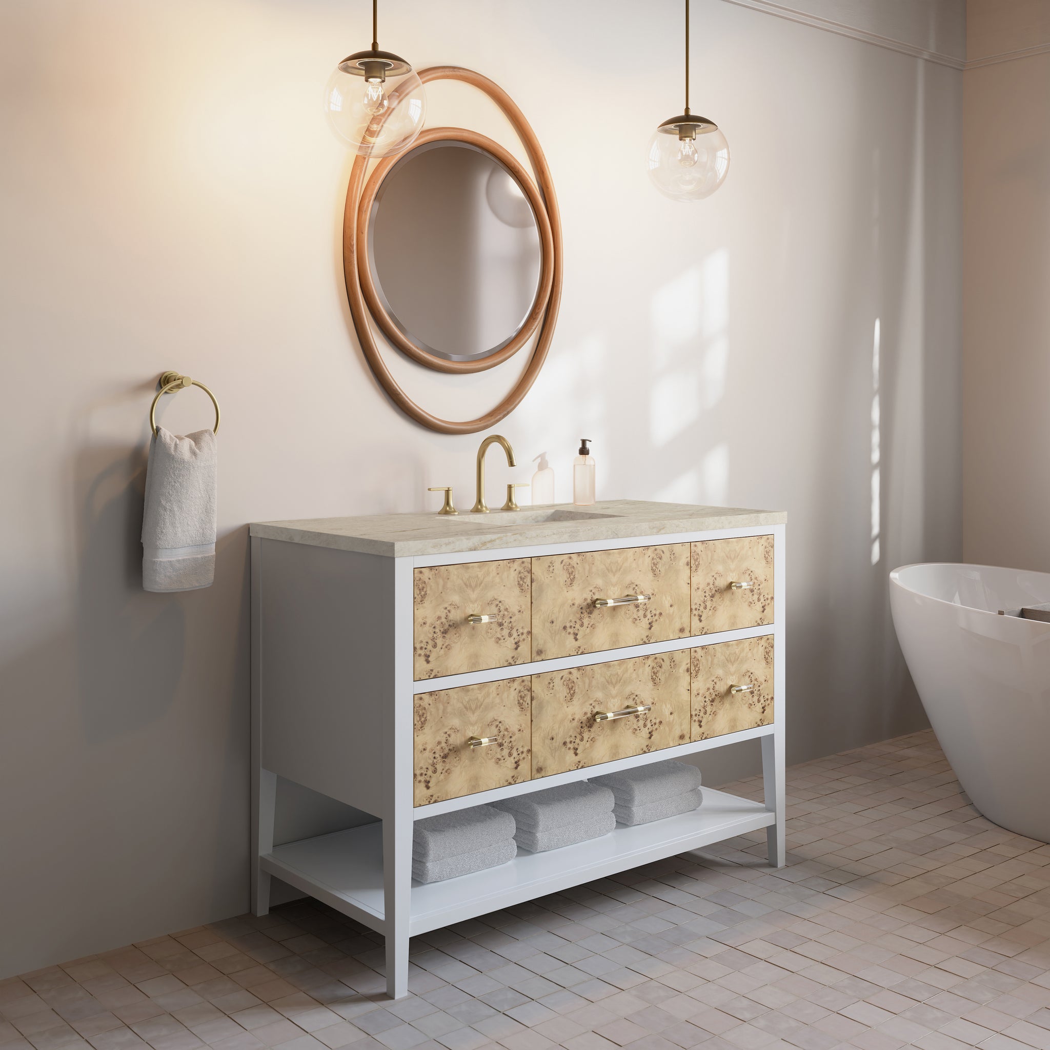 James Martin Olena 48" Single Bathroom Vanity, Polished White and Light Mappa Burl, view 39