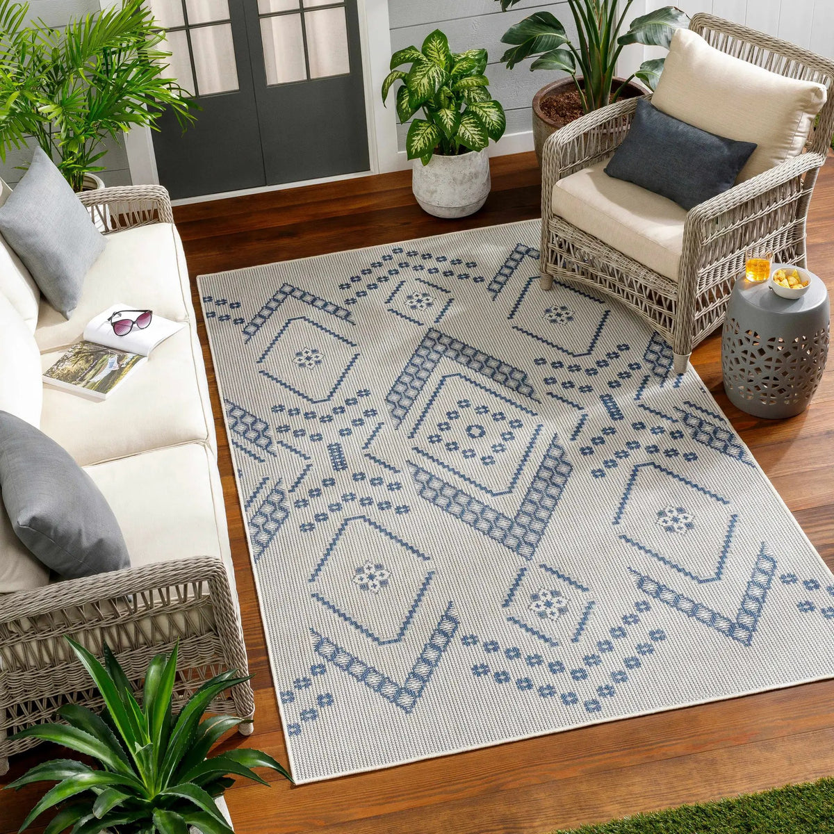 Helga Blue Outdoor Area Rug - Clearance, installed in a room