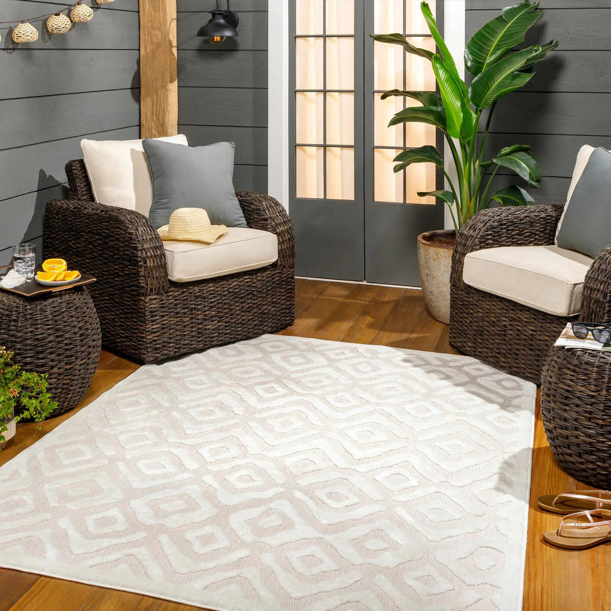 Burl Cream Outdoor Rug - Clearance, installed in a room 3