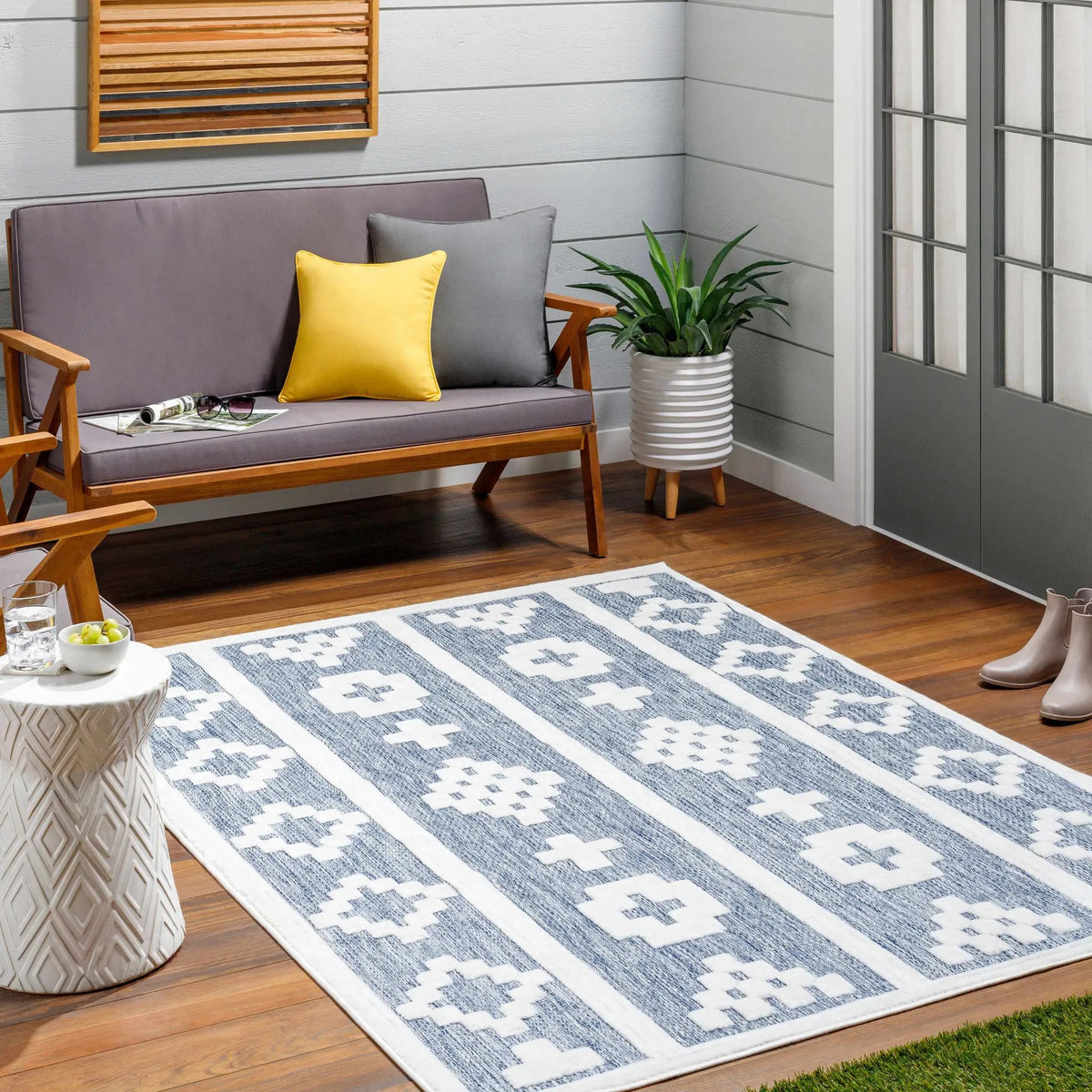 Hiro Blue Outdoor Rug - Clearance, installed in a room 5