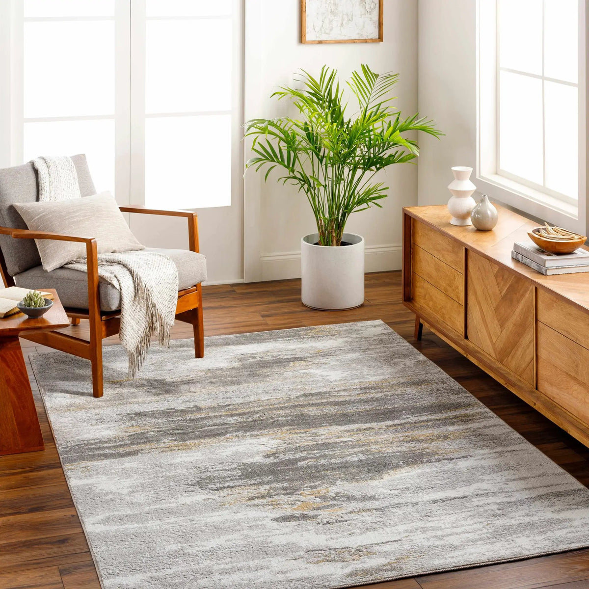 Derex Abstract Gray Rug, installed in a room