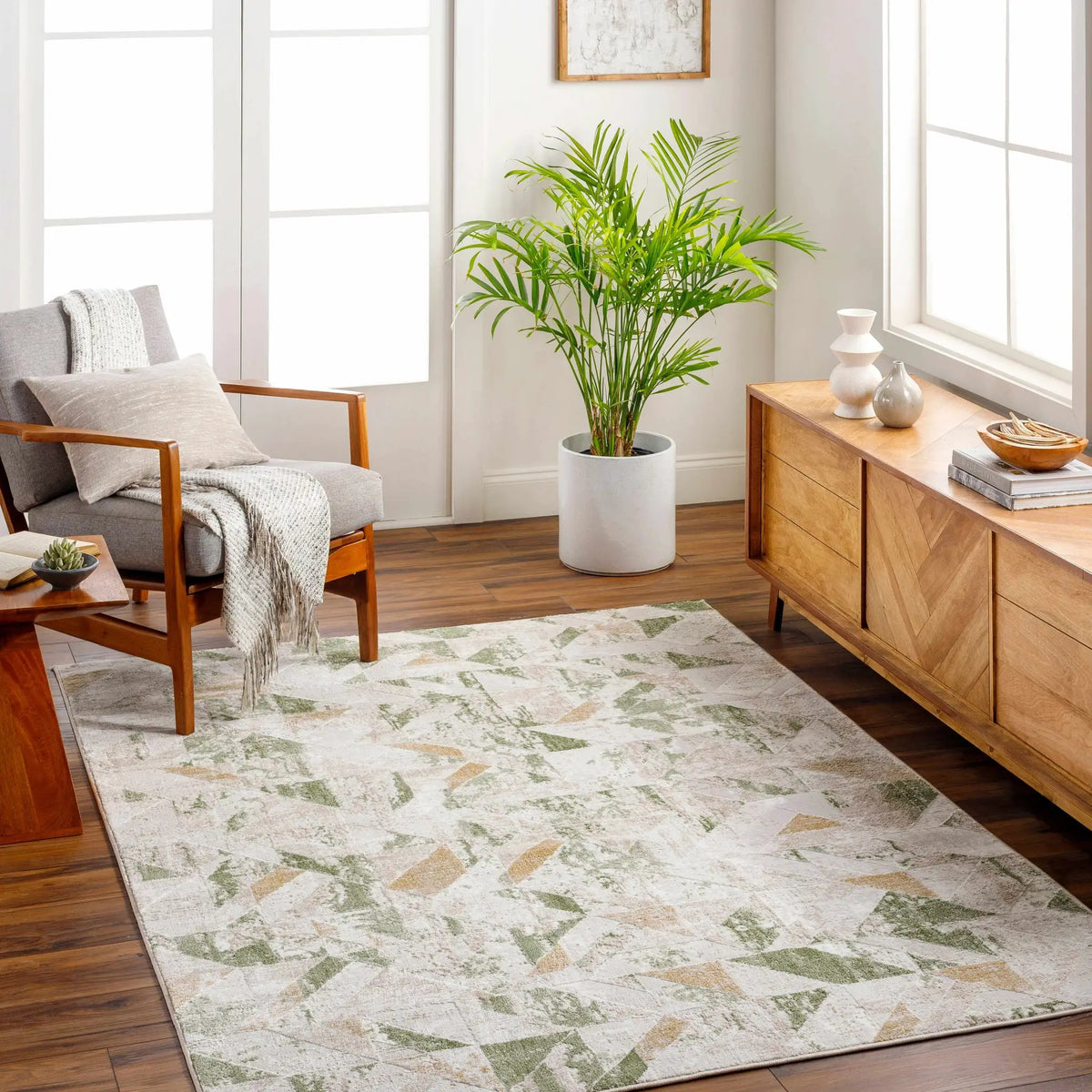 Gonca Green Geometric Area Rug, installed in a room