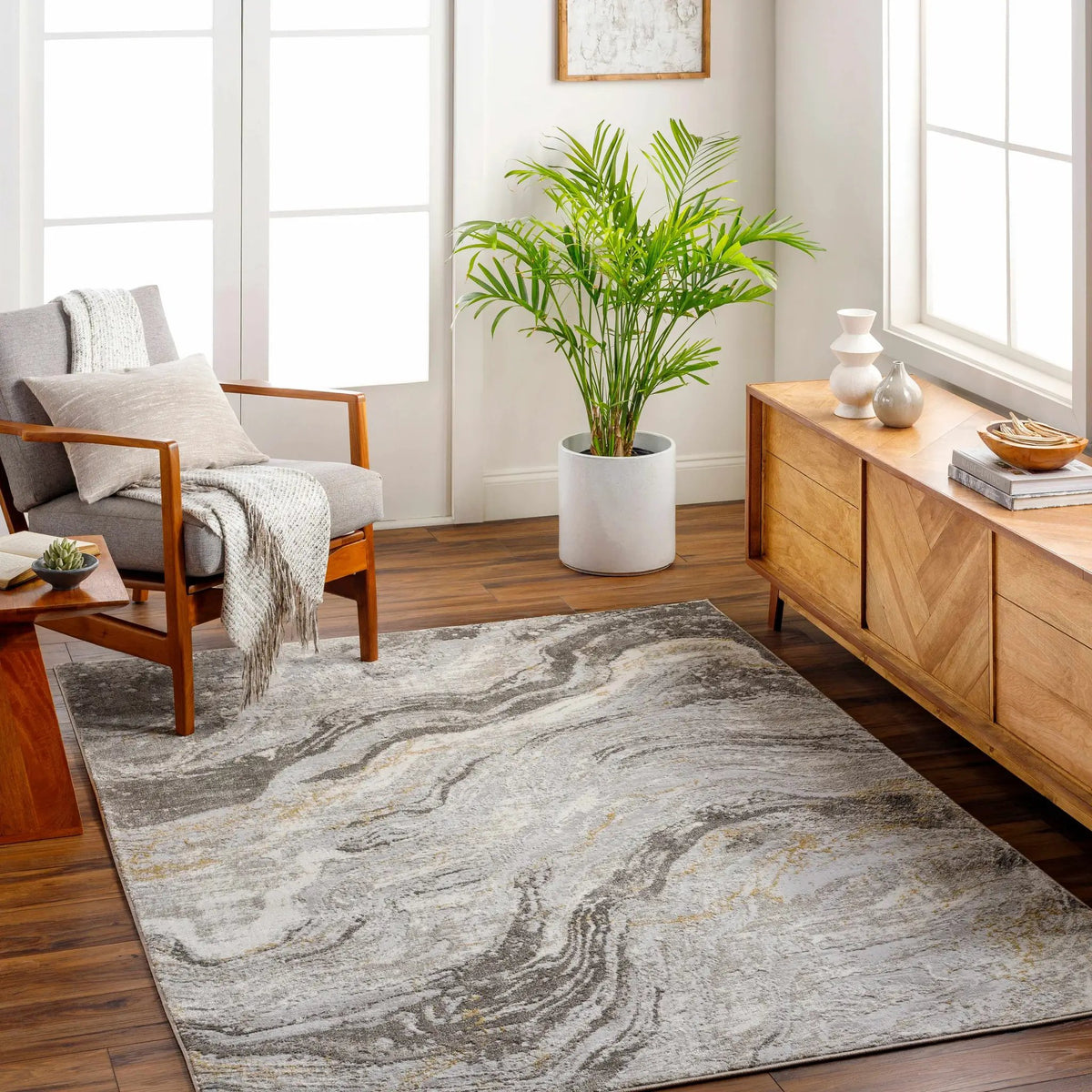 Tess Gray & Brown Marble Area Rug - Clearance, installed in a room