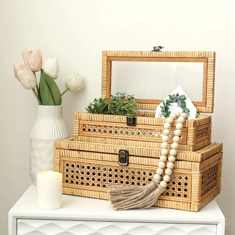 Stacking Boxes - Glass Top Rattan Set by House Of Avana